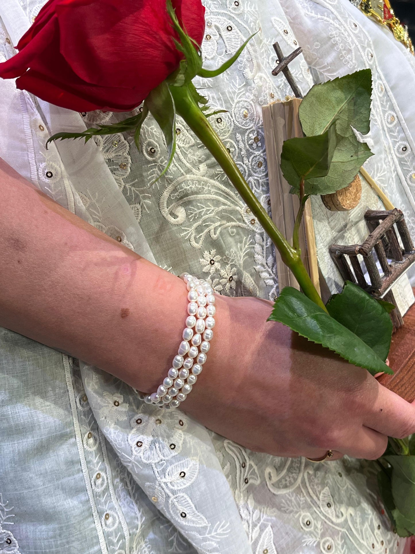 Conjunto Collar y Pulsera Perlas Naturales Cultivadas 3 Vueltas