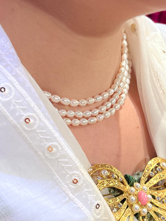 Conjunto Collar y Pulsera Perlas Naturales Cultivadas 3 Vueltas