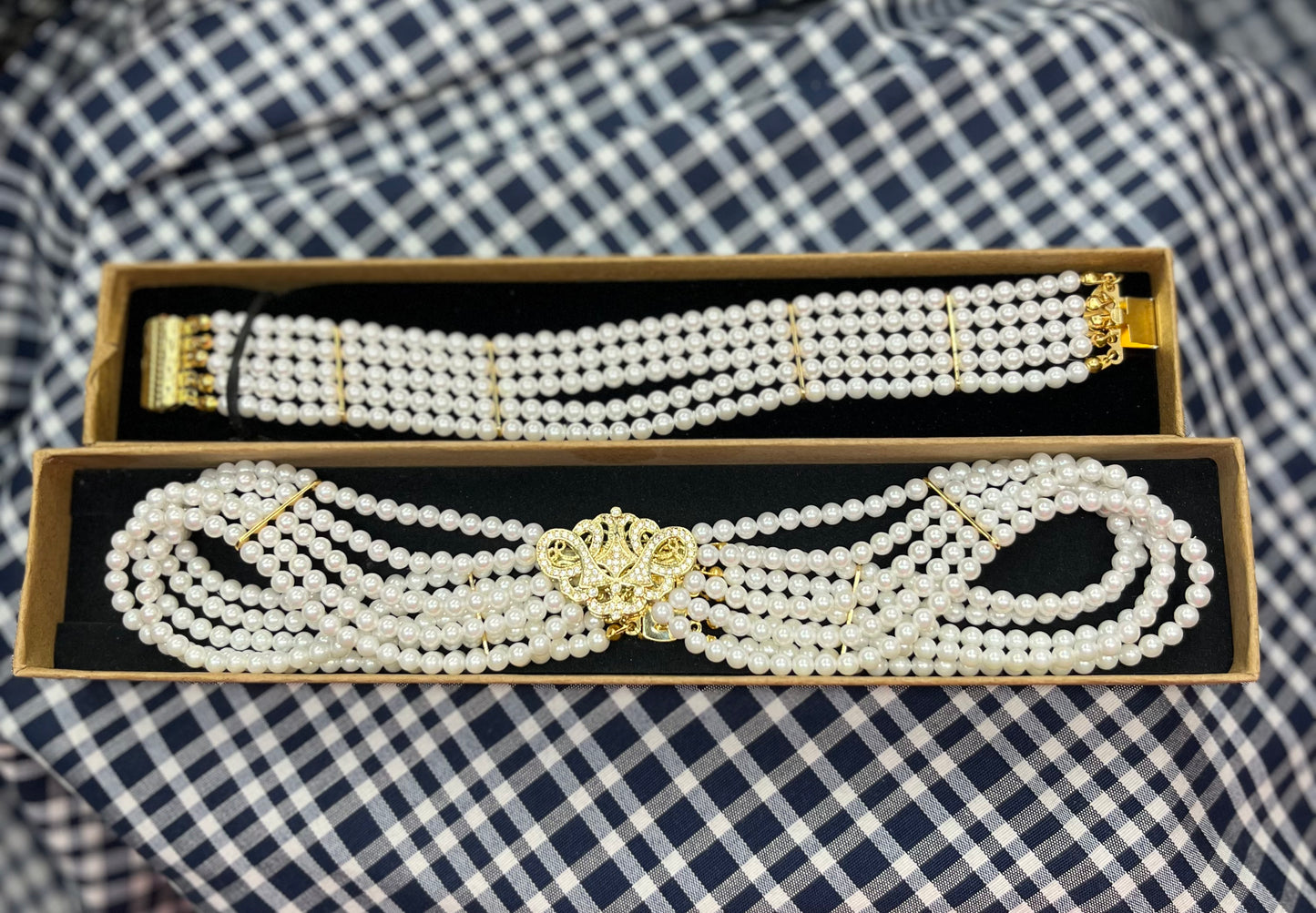 CONJUNTO collar y pulsera 5 vueltas con ABALORIO cierre color ORO o PLATA
