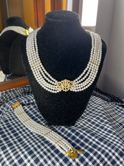 CONJUNTO collar y pulsera 5 vueltas con ABALORIO cierre color ORO o PLATA